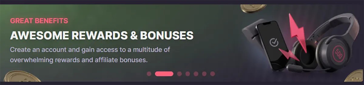 Promotional banner highlighting rewards and bonuses, with bold white text, floating coins, and tech gadgets including a smartphone and wireless earbuds on a dark gradient background.
