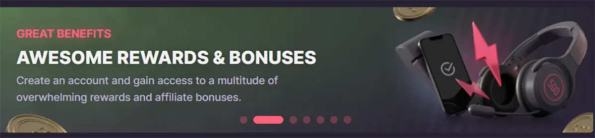 Promotional banner highlighting rewards and bonuses, with bold white text, floating coins, and tech gadgets including a smartphone and wireless earbuds on a dark gradient background.