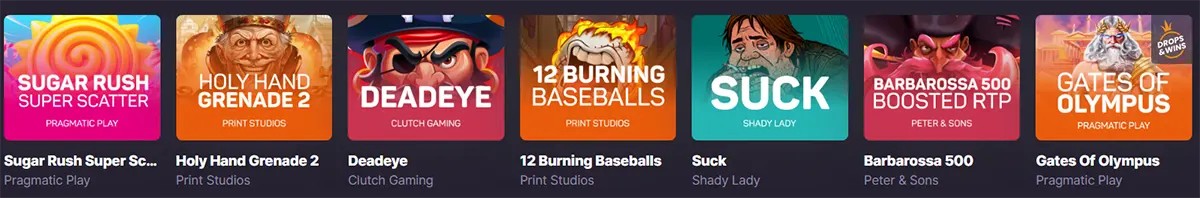Online slot game carousel with colorful thumbnails for Sugar Rush Super Scatter, Holy Hand Grenade 2, Deadeye, 12 Burning Baseballs, Suck, Barbarossa 500, and Gates of Olympus, with provider names shown below.
