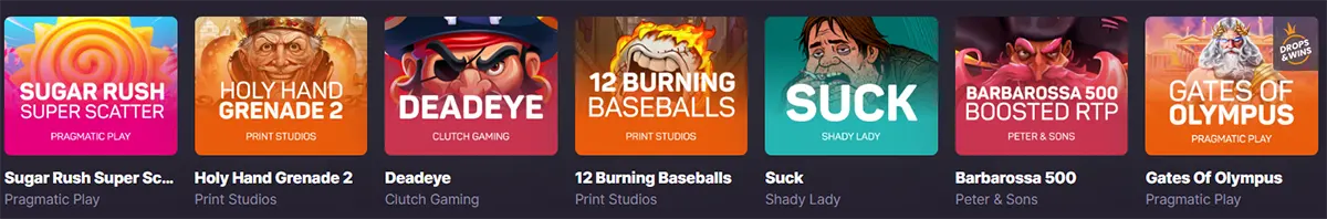 Online slot game carousel with colorful thumbnails for Sugar Rush Super Scatter, Holy Hand Grenade 2, Deadeye, 12 Burning Baseballs, Suck, Barbarossa 500, and Gates of Olympus, with provider names shown below.