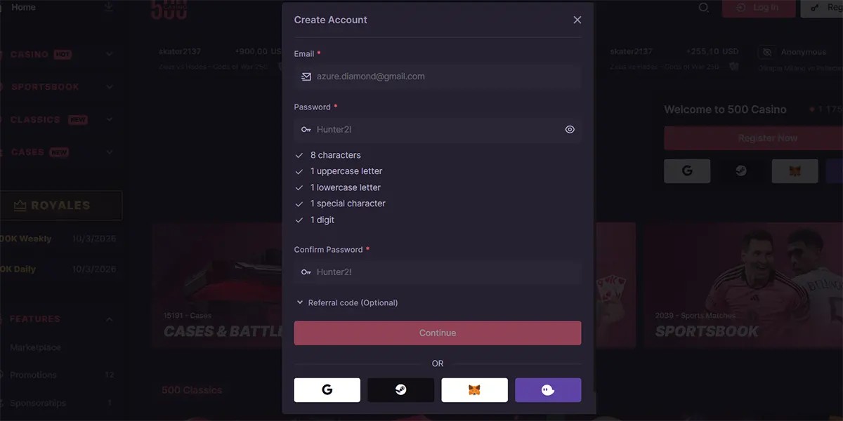Casino account creation popup with email, password and confirm password fields, password requirements checklist, optional referral code field, continue button, and social sign-up options on a dark gaming interface.