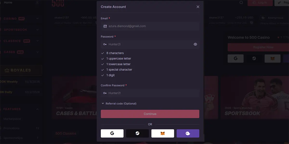 Casino account creation popup with email, password and confirm password fields, password requirements checklist, optional referral code field, continue button, and social sign-up options on a dark gaming interface.